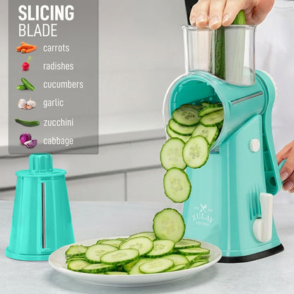 Zulay Kitchen Rotary Cheese Grater 5 Blade Cheese Shredder - Manual Hand Crank Cheese Grater With Reinforced Suction & 5 Interchangeable Drums - Easy to Use, Vegetable Chopper Round Mandoline Slicer - Colors B