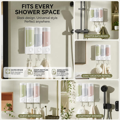 Shampoo and Conditioner Dispenser Wall Mounted with Hooks, 3-Chamber 1200ML Shower Soap Dispenser, No-Drill Bathroom Shower Organizer for Shampoo, Conditioner, Body Wash（Gun Grey）