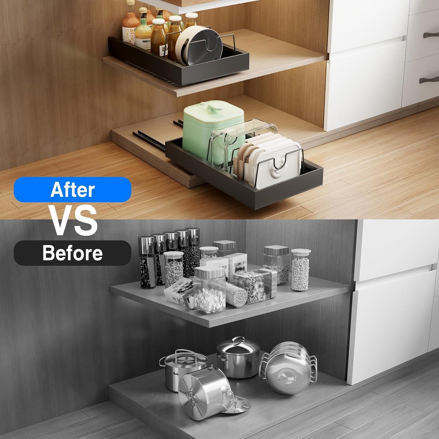 Mustorn 2 Pack Pull Out Cabinet Organizer, Slide Out Drawers for Cabinets, Peel and Stick, Heavy Duty Shelves for Kitchen, Cupboard, Pantry, Bathroom (16.5"D*11.8"W*3.94"H-Black)