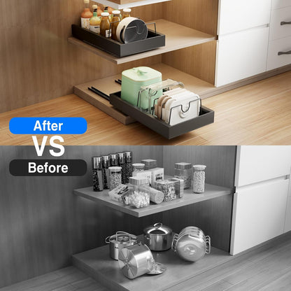 Mustorn 2 Pack Pull Out Cabinet Organizer, Slide Out Drawers for Cabinets, Peel and Stick, Heavy Duty Shelves for Kitchen, Cupboard, Pantry, Bathroom (16.5"D*11.8"W*3.94"H-Black)
