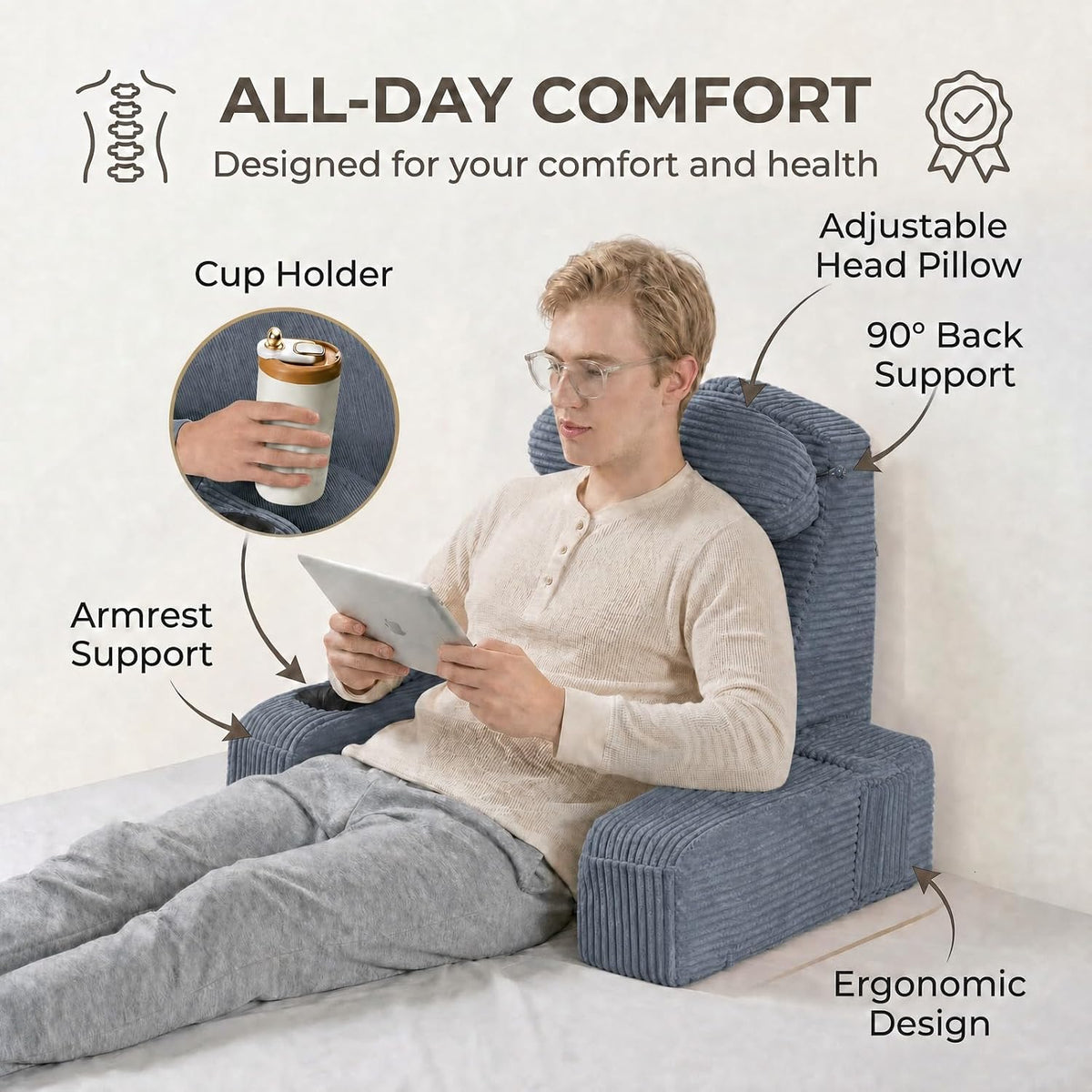 21 INCH Reading Pillow for Adults, Back Pillow for Bed Sitting Up, Backrest Pillow for Sitting in Bed, Detachable Arms with Built-in Cup & Phone Caddy (Gray, 21 INCH)