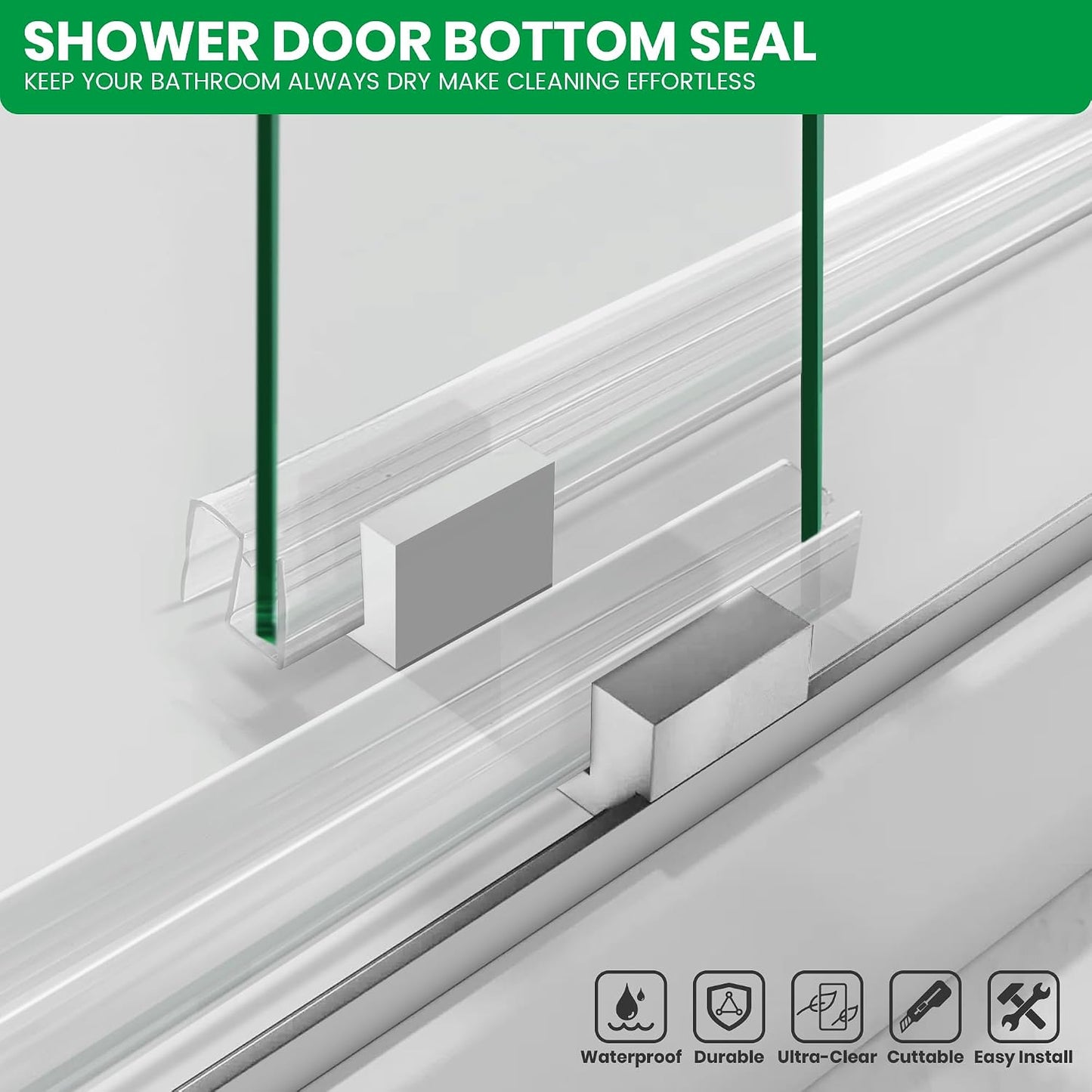 Bathroom Shower Glass Door Bottom Seal Strips, Length 36 Inch 2PCS Transparent PVC Door Bottom Seall Strips for 3/8" (10MM) Thick Framless Glass Panel