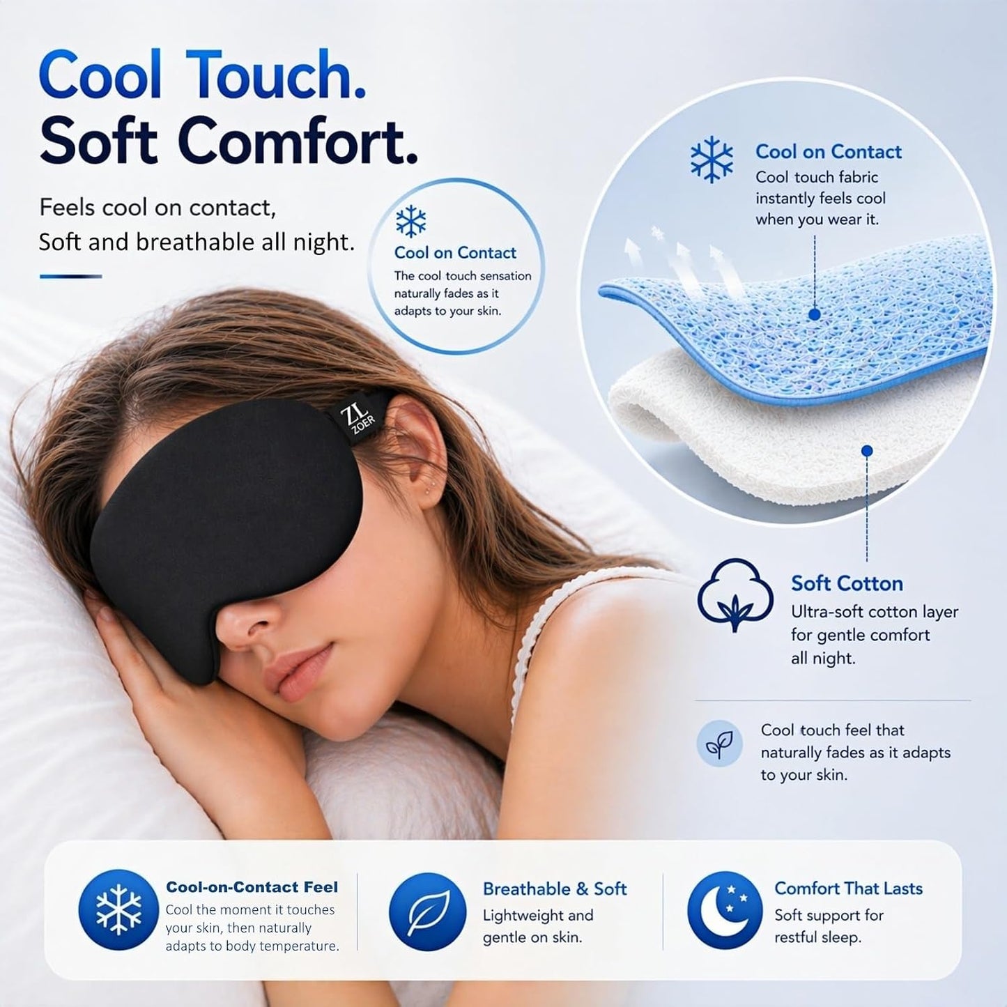 Cool Touch Cotton Eye Sleep Mask for Men & Women, Soft Breathable Flexible Fit for Side Sleepers, Adjustable Light Blocking Mask for Sleeping, Airplane Travel & Naps (Black)