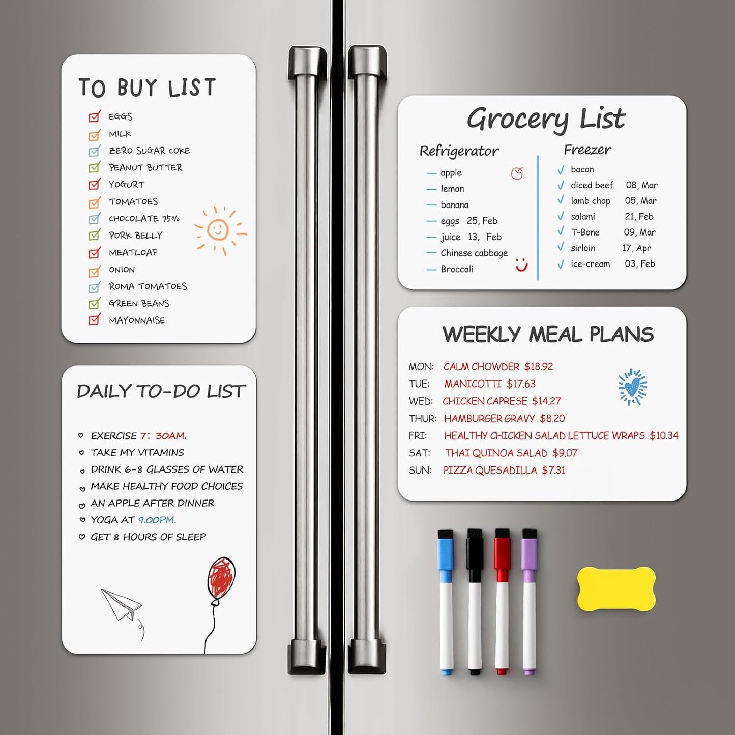 4 PACK Magnetic Dry Erase Board Sheet for Fridge, 12"x8" Erasable Refrigerator WhiteBoard w/ 6 Markers & 1 Eraser- Smooth and Flexible Small Magnet Blank Notepad for Home Kitchen Organizer and Planner
