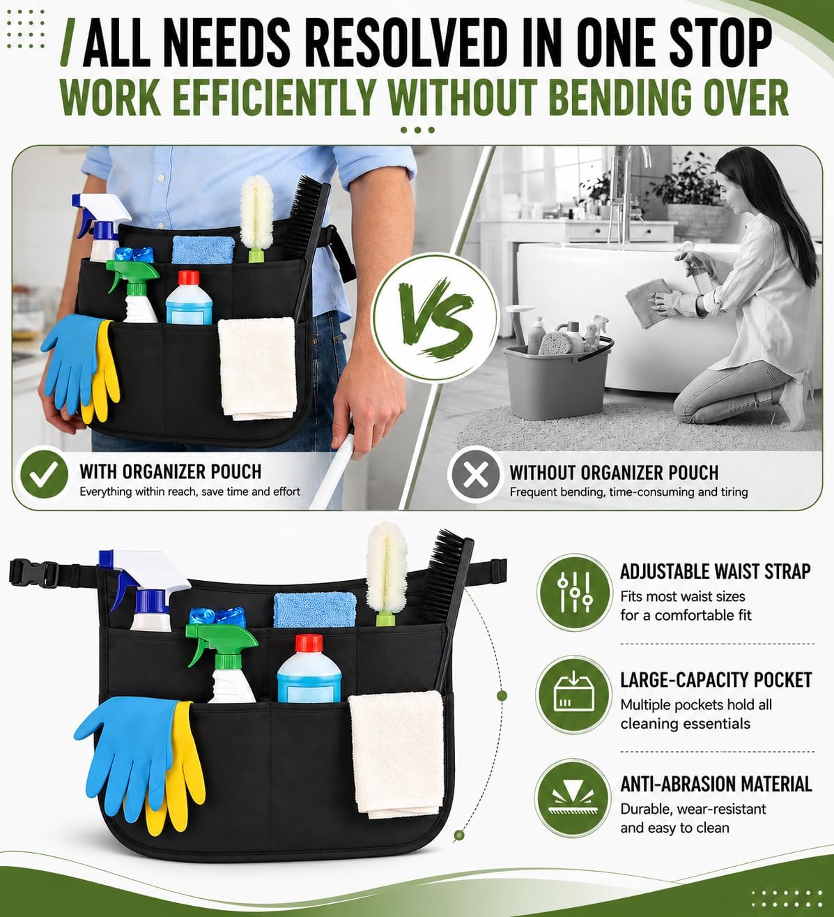 Cleaning Tools Cleaning Caddy with Wheels and Cleaning Apron, Large Rolling Cleaning Caddy Bag with Detachable Trolley, 6PCS Crevice Cleaning Brush Set, Adjustable Shoulder Strap & Multiple Pockets