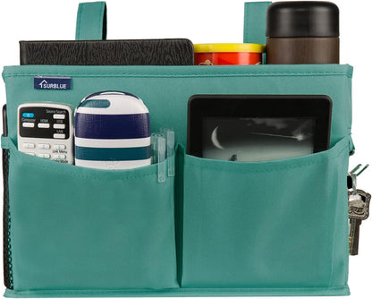 Surblue Bedside Caddy Hanging Organizer Storage Bag Pocket for Bunk, Hospital, College Dorm Rooms, Baby Bed Rails, Camp - 4 Pockets, 2 Hooks (Blue)