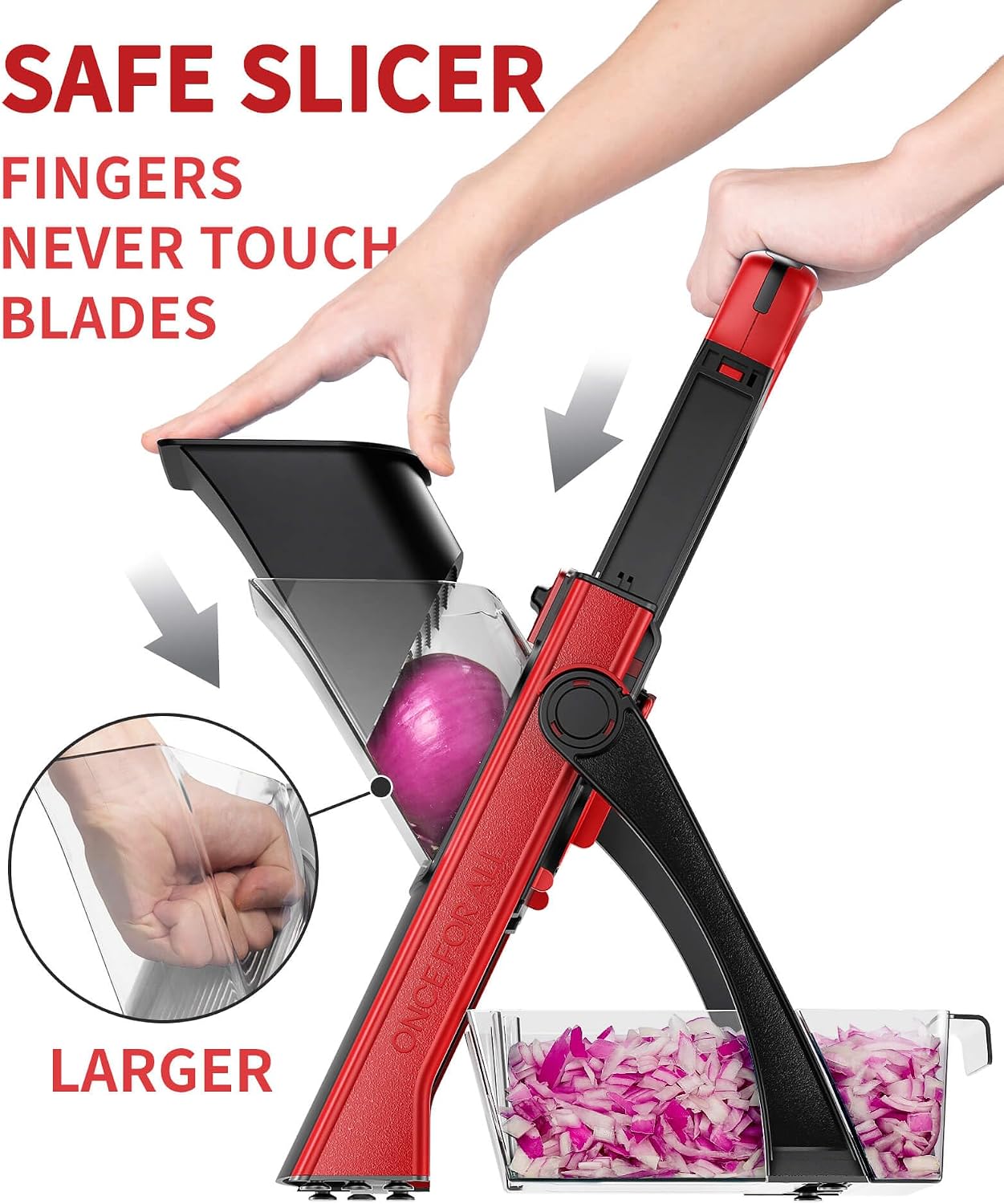 ONCE FOR ALL Safe Mandoline Slicer Plus, Bigger Size, Potato Slicer, Black | 0.1-8mm Adjustable Vegetable Food Chopper, Kitchen Mandoline Slicer Stainless Steel, Detachable Blade, Dishwasher-safe, Gift