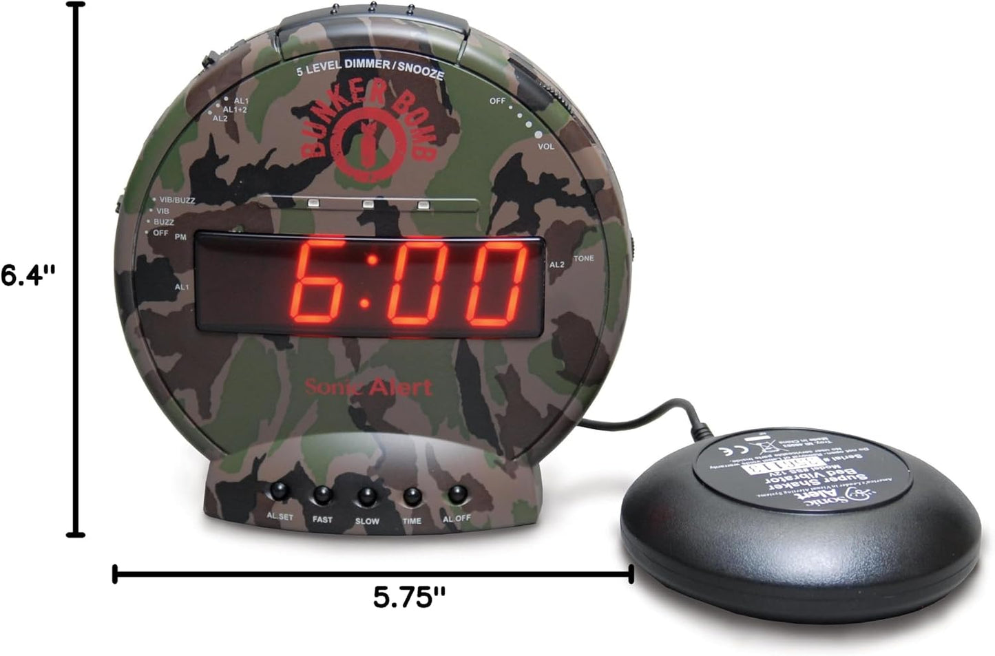 Sonic Alert Sonic Bomb Dual Alarm Clock with Bed Shaker, Black Vibrating Alarm Clock Heavy Sleepers, Battery Backup | Wake with a Shake