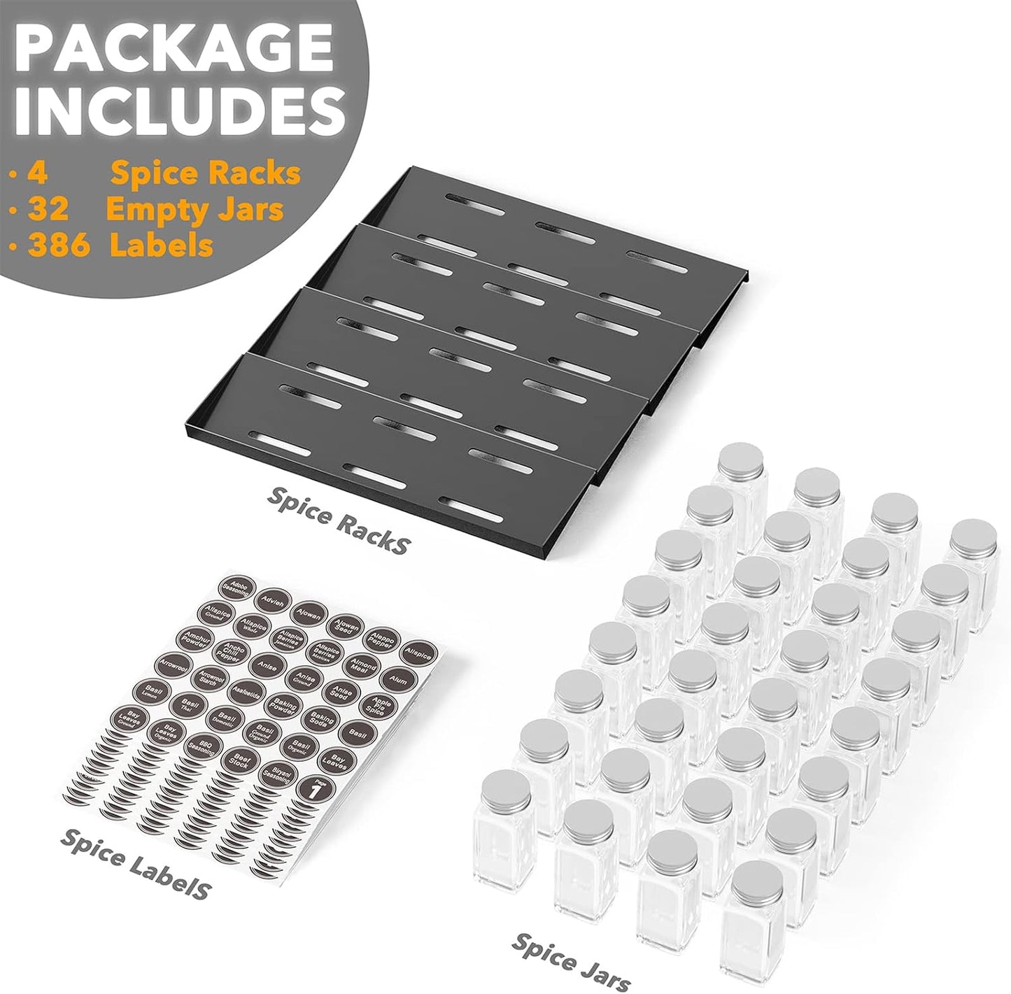 SpaceAid Spice Drawer Organizer with 28 Spice Jars, 386 Spice Labels, 4 Tier Seasoning Rack Tray Insert for Kitchen Drawers, 13" Wide x 17.5" Deep