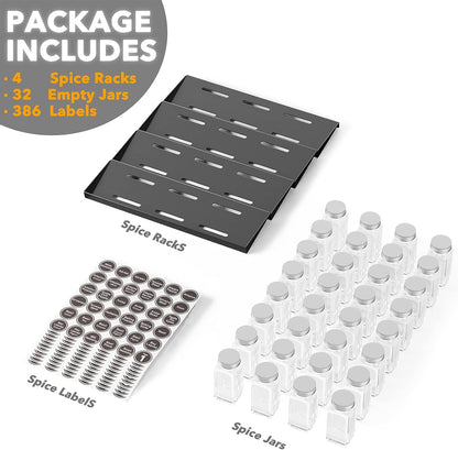 SpaceAid Spice Drawer Organizer with 28 Spice Jars, 386 Spice Labels, 4 Tier Seasoning Rack Tray Insert for Kitchen Drawers, 13" Wide x 17.5" Deep