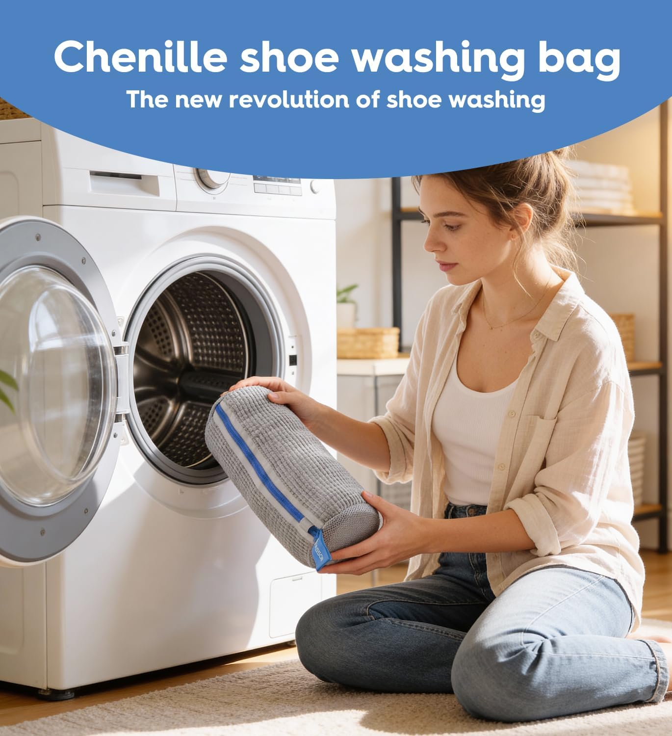 VASSON Shoe Washing Machine Bag, 2 Pack XL Laundry Bags for Sneakers | Heavy-duty thick material for noise reduction. Fits large shoes up to Size 13 - Cool Grey/Blue