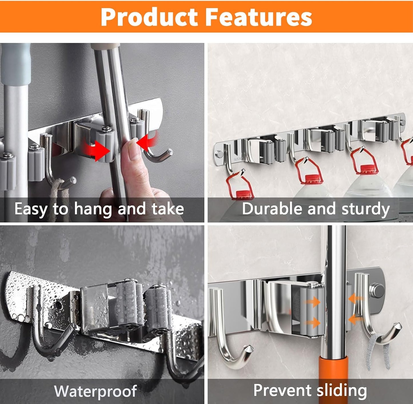 CUXIXA Mop and Broom Holder Wall Mount, Upgraded Broom Organizer Wall Mount, Stainless Steel Broom Hanger Wall Mount for Home Kitchen Garden Laundry Garage (3 Racks with 4 Hooks)