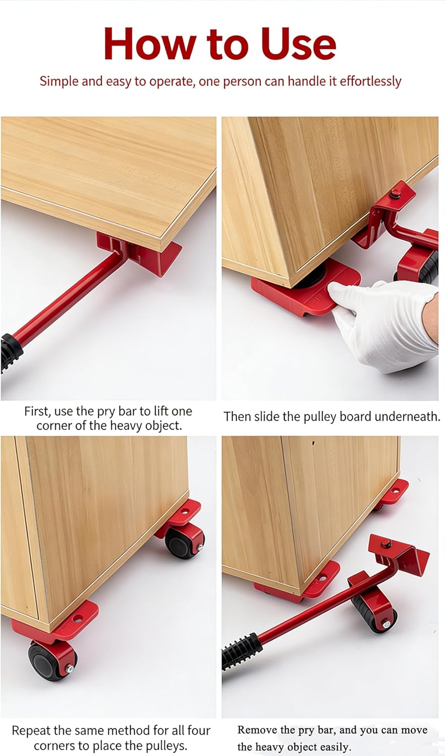 Furniture Lifter and Mover Tool Set with 4 Roller Pads and Lift Bar Sliders with Appliance Lifter – Floor Kit for Sofas, Washing Machines & Kitchen Appliances