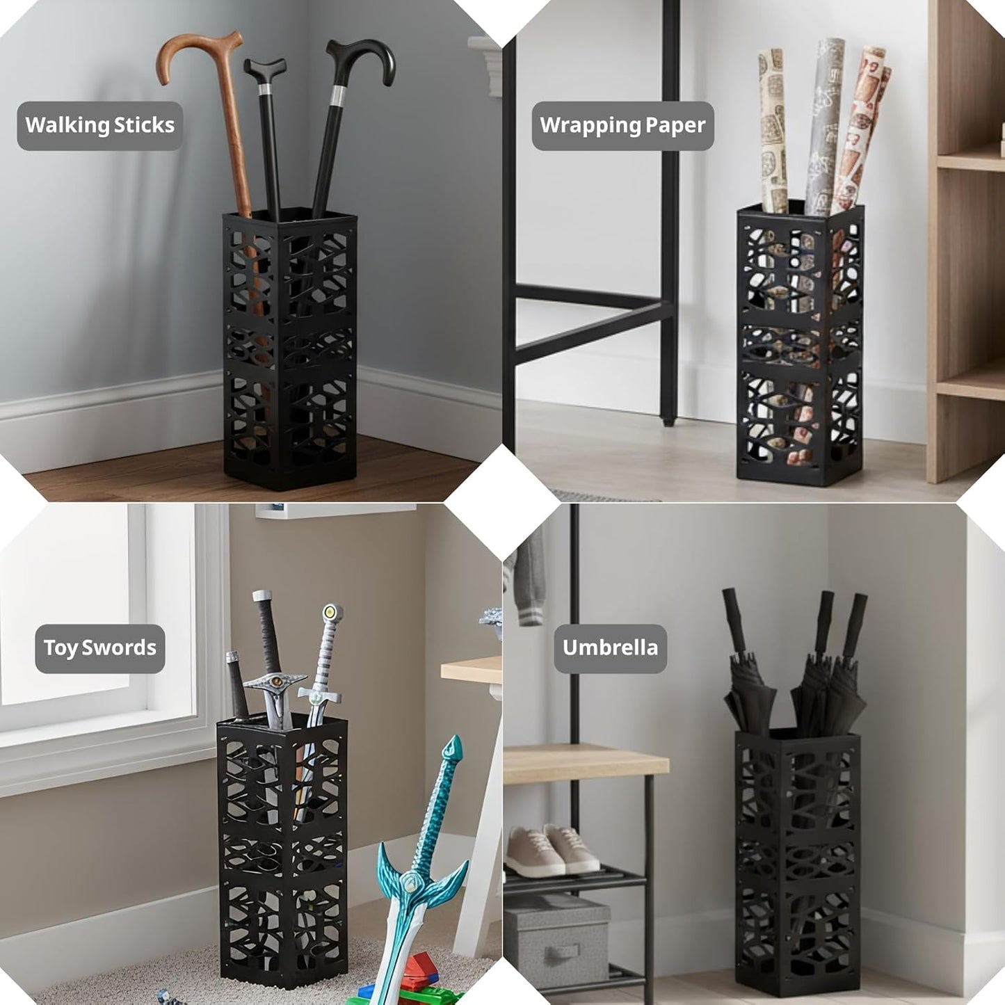 Metal Umbrella Holder Stand for Entryway, Square Umbrella Organizer, Walking Sticks Storage Bin Freestanding for Home, Office, Hotel, Black, 5.9 x 5.9 x 15.7 Inches