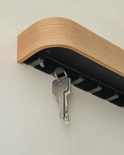 Kazai. Key Holder 'Toke' | Minimalist Key Hook Design from Berlin | Modern Key Holder Wall Mount with Wooden Shelf | Key Rack for Wall as Entryway Organizer | Walnut