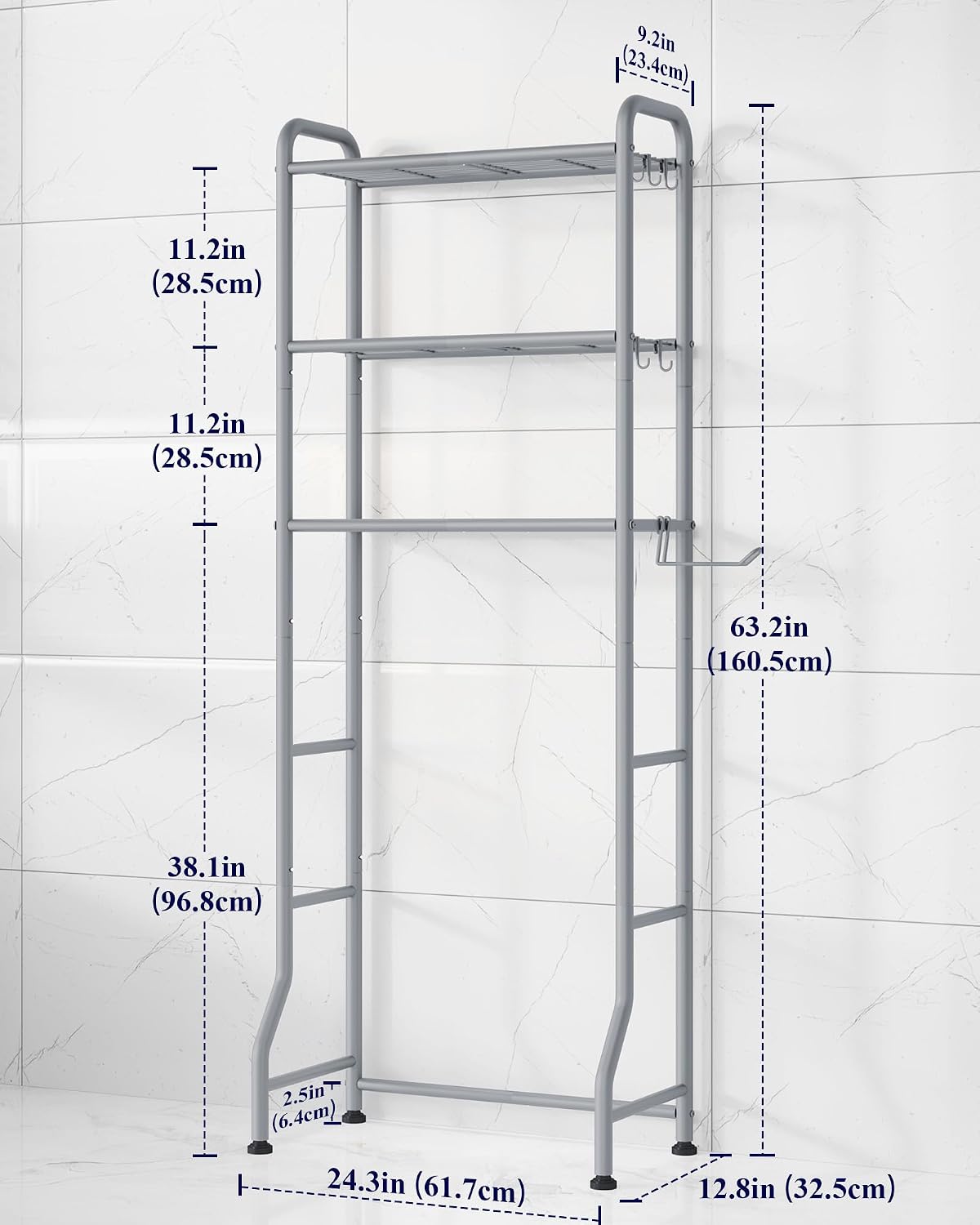 Kitsure Over Toilet Storage Rack, 63.2" H Space-Saving, Holder & Hooks | Bathroom, Laundry Room, Small Spaces, Families, Durable Metal, Black, 3 Tier