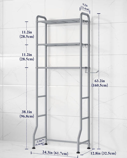 Kitsure Over Toilet Storage Rack, 63.2" H Space-Saving, Holder & Hooks | Bathroom, Laundry Room, Small Spaces, Families, Durable Metal, Black, 3 Tier