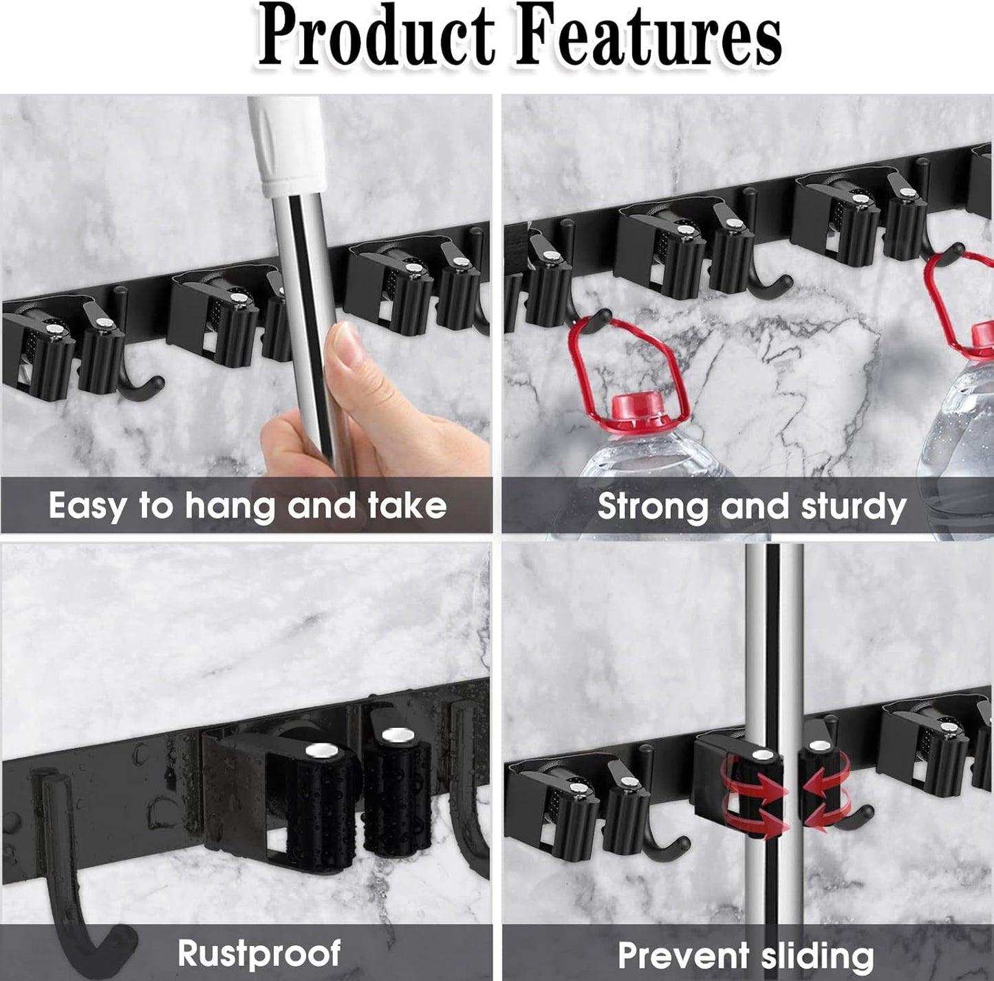 AceMining Broom Holder Wall Mount, 5 Racks 4 Hooks Heavy Duty Mop Organizer | Mop Holder Wall Mount and Broom Hanger for Garage, Laundry Room, Kitchen and Utility Storage