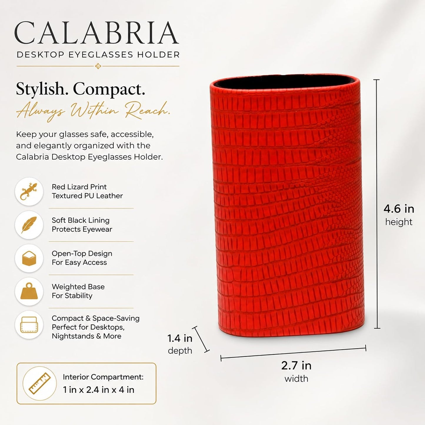 Calabria Desktop Eye Glasses Holder Soft Lining Weighted Base Eyeglasses Stand Case Desks Nightstands PU Leather Mens Womens