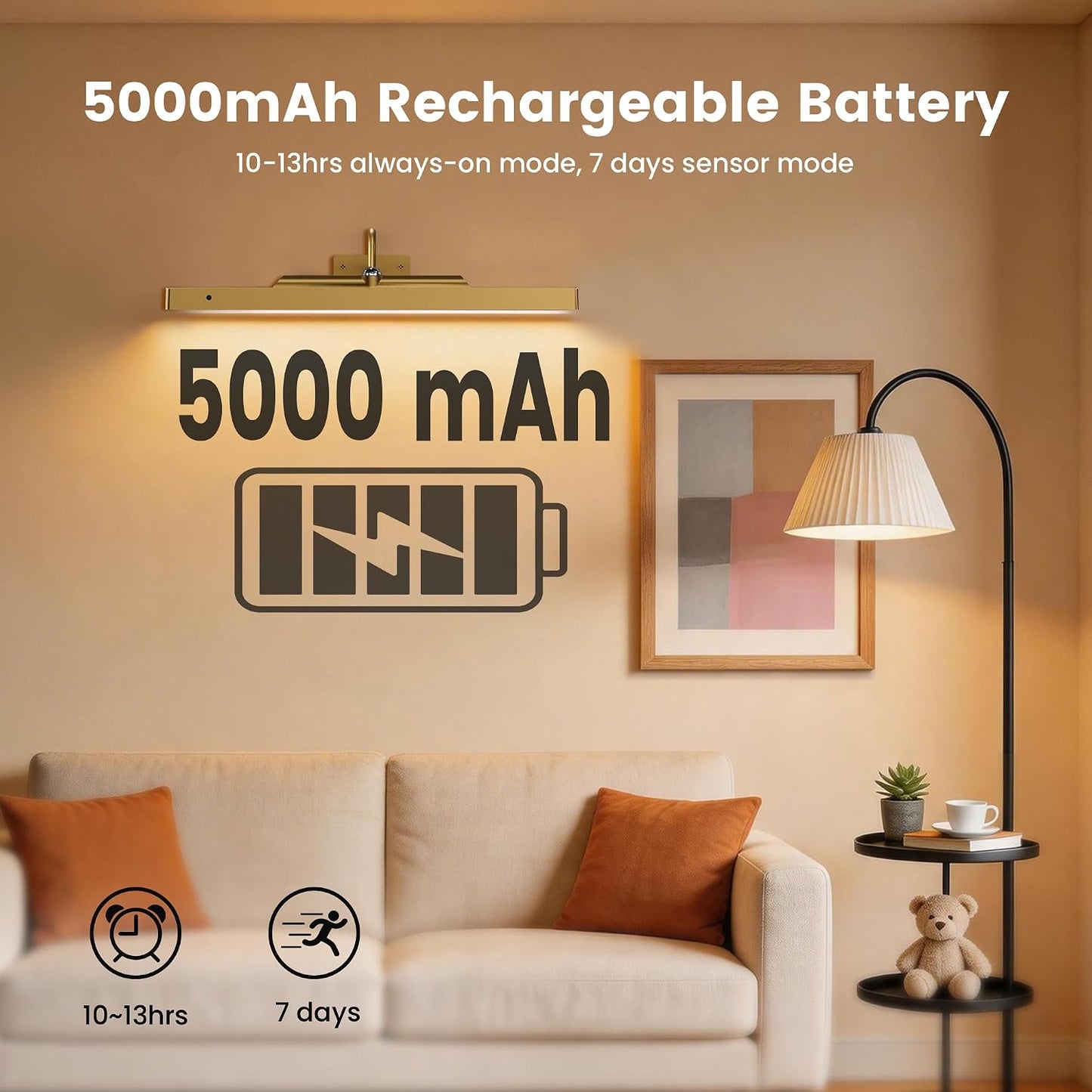 Wireless Picture Light for Wall Art Motion Sensor, 16 Inch, Black, 1 Pack | 5000mAh Rechargeable Battery, Cordless, Magnetic Detachable Bar, 3CCT Dimmable, Remote Control for Paintings and Artworks