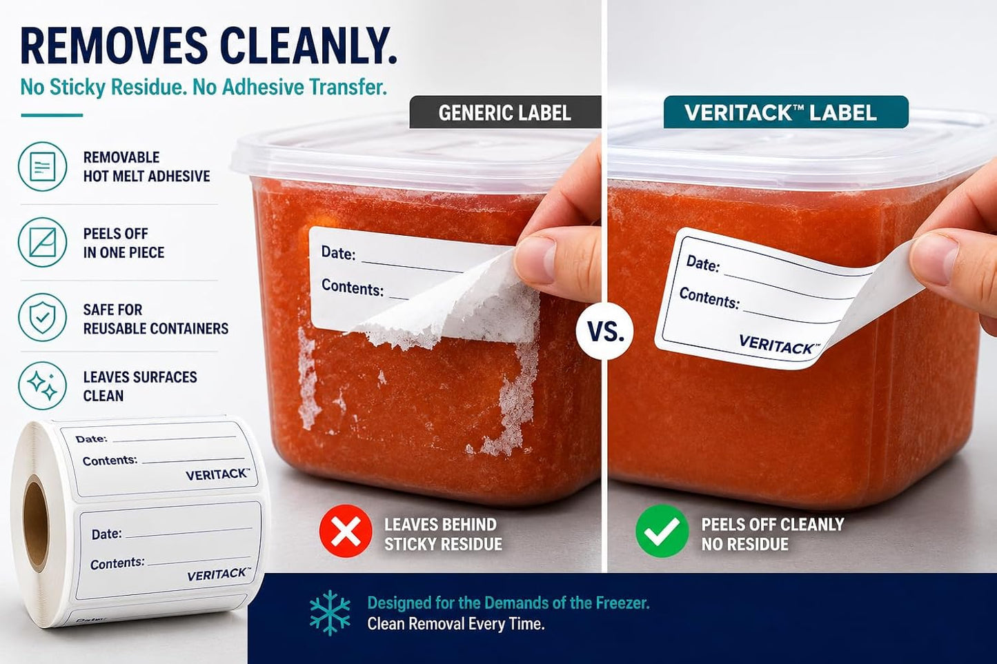 Veritack™ 500 Removable Food Labels – 1" x 3" Writable Stickers for Containers, Meal Prep & Food Storage – Moisture Resistant – Leaves No Residue – Works in Freezer, Fridge & Room Temperature