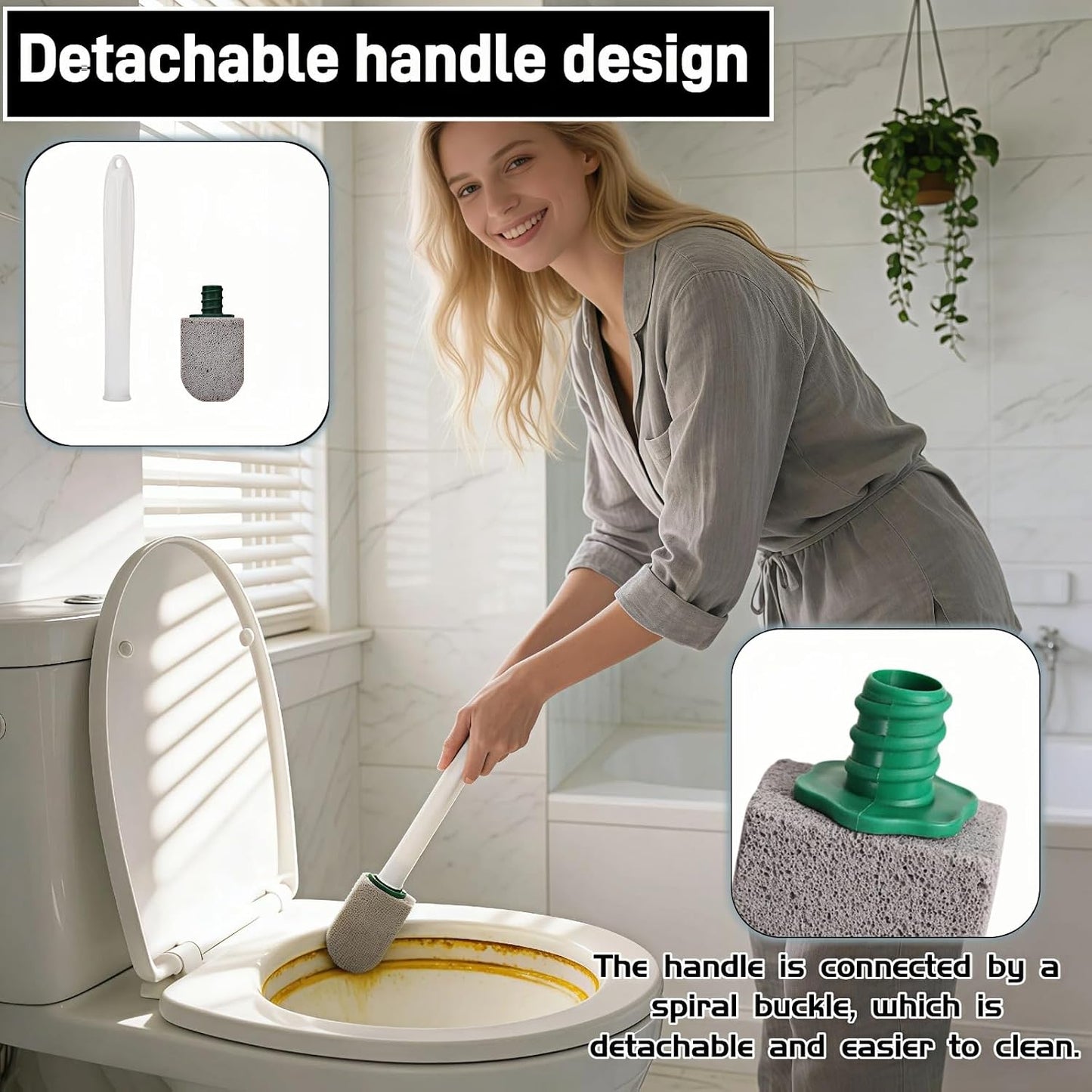 Pumice Stone Toilet Bowl Cleaner with Long Handle, 9.65 Inch, Includes 1 Handle and 3 Pumice Stones, Hard Water Stain Remover for Toilet, Bathtub, Tile, Grill
