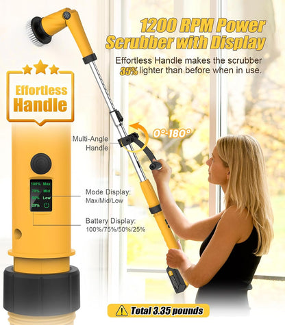 Qimedo Electric Spin Scrubber Q3, 6000mAh, Extra-Large Brush Head, 1200RPM | Floor Scrubber Machine with Long Handle, Cordless Cleaning Brush, 8 Brush Heads and Smart Display for Showers, Tubs and Tile