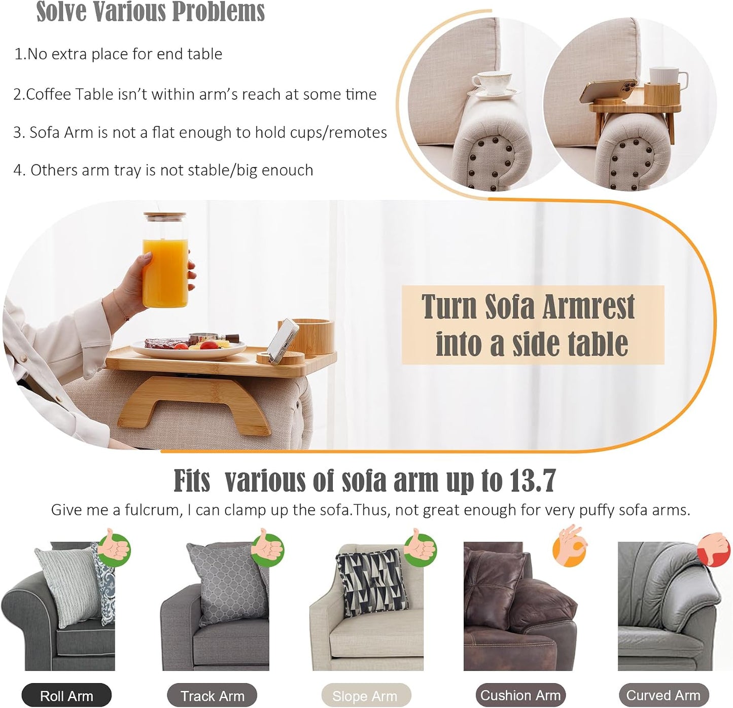 Nnewvante Couch Cup Holder Tray, 3 in 1 Large 15.36"x9.85" Acacia Wood Sofa Arm Clip on Tray Table with 360°Rotated Phone Holder on Armrest