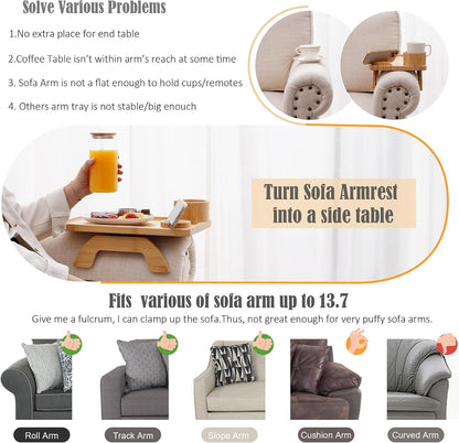 Nnewvante Couch Cup Holder Tray, 3 in 1 Large 15.36"x9.85" Acacia Wood Sofa Arm Clip on Tray Table with 360°Rotated Phone Holder on Armrest