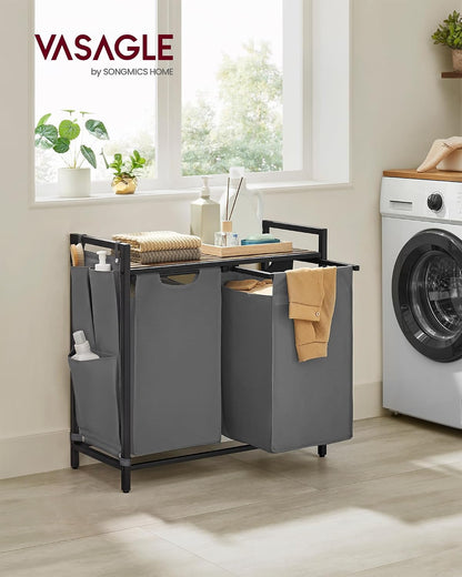 VASAGLE Laundry Hamper, Laundry Basket Sorter with 3 Pull-Out and Removable Bags, Shelf, Metal Frame, 3 x 10.6 Gallons (40 L), 36.4 x 13 x 28.4 Inches, Cappuccino Beige and Natural Beige UBLH301LH01