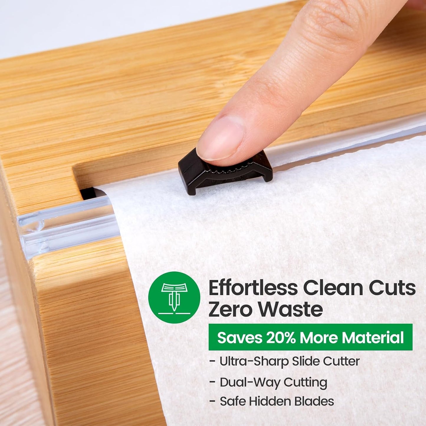 18-Inch Foil Dispenser with Slide Cutter & Butcher Paper Holder | Compact bamboo organizer for countertop, drawer, cabinet or wall mounting, made for many common 18-inch foil and paper rolls