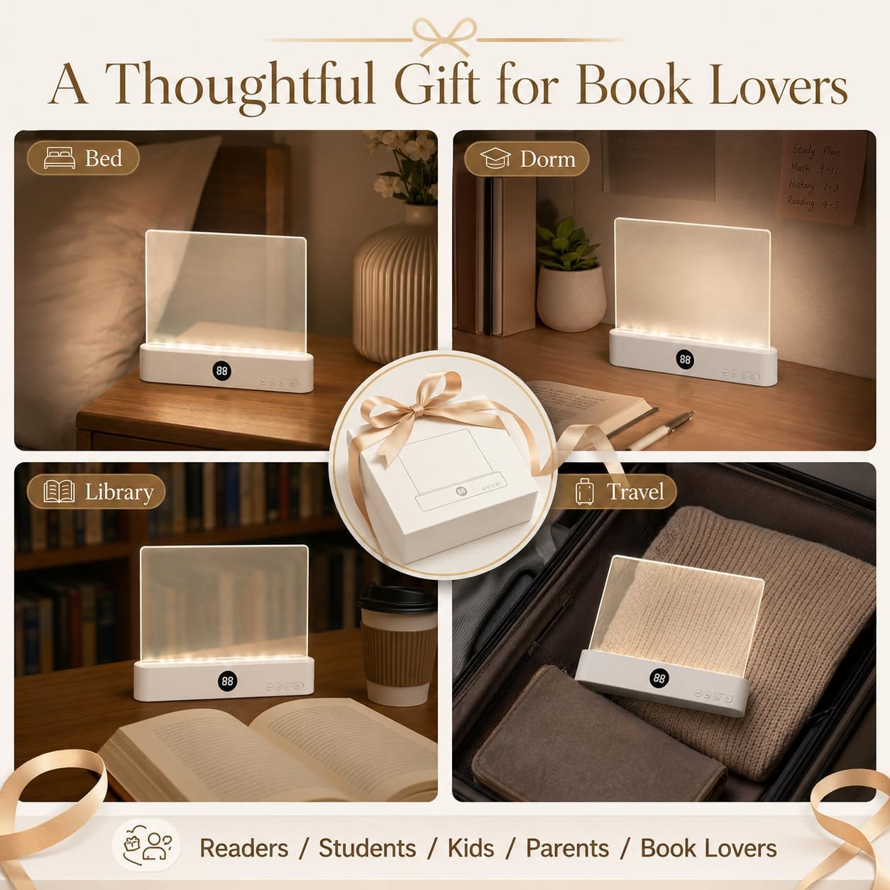 Book Light for Reading in Bed, Rechargeable LED Flat Book Light with Clear Full Page Panel, 3 Color Temperatures, Stepless Dimming, 1–99 Min Timer, 1200mAh USB-C Bookmark Light for Book Lovers(Pink)