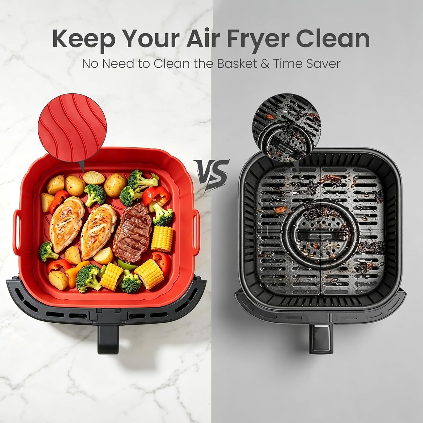 Redfly 2 Pack Silicone Air Fryer Liners,Square Reusable to 8.5in Air Fryer | Compatible with Ninja AF141 181、COSORI 5-6.5 QT Non-Stick Basket Inserts,Silicone Mat Bowl Air Fryer Accessories Kitchen