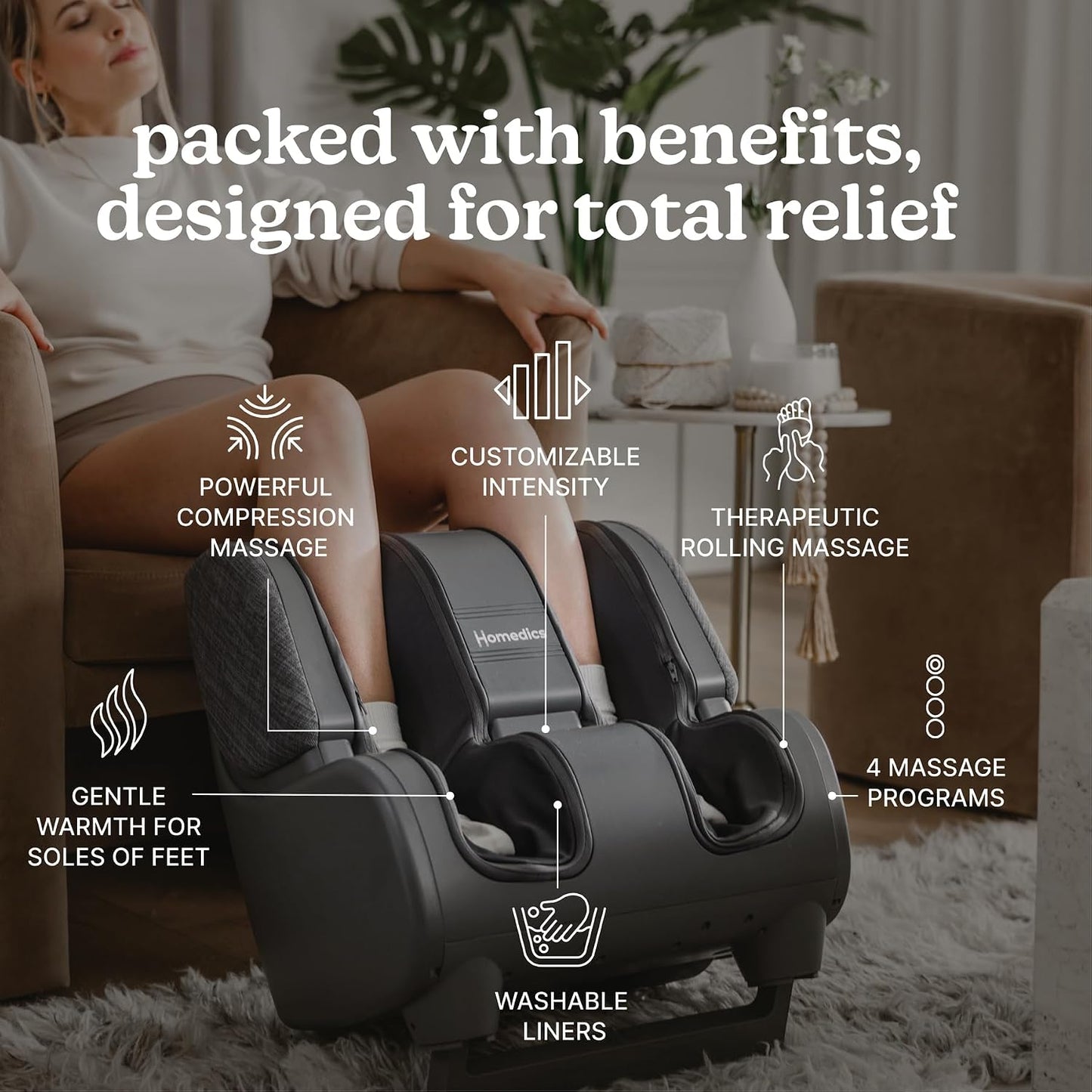 Homedics Deluxe Foot Massager Calf Massager, Rolling & Compression Massage | Adjustable Tilt, Washable Liners, 4 Programs, 3 Intensity for Muscle Relief and Post-Workout Recovery