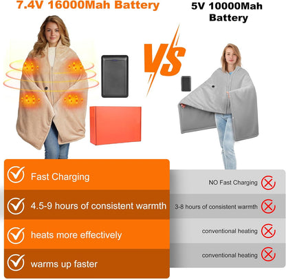 Heated Blanket Battery Operated with Fleece Lining 7.4V 16000mAh Battery 62" x 35" Heated Shawl Wraps for Women Men Cordless USB Outdoor Portable Electric Blanket 6 Heating Zones Khaki