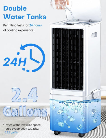 Windowless Air Conditioner w/4 Mode,3 Speed, Waterless Alert,2.4-Gal Tank for 24H Cooling, 12H Timer Swamp Cooler Air Conditioner, 20FT Remote,70° Auto Swing Evaporative Air Cooler for Bedroom