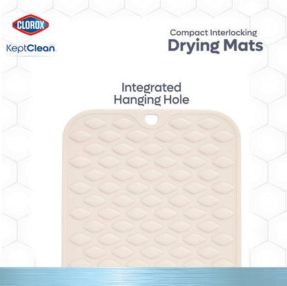 Clorox KeptClean™ 3-Piece Kitchen Sink Set with Two Interlocking Non-Slip Dish Drying Mats and Self-Draining Faucet Guard Splash Protector for Sink Areas, Almond Cream
