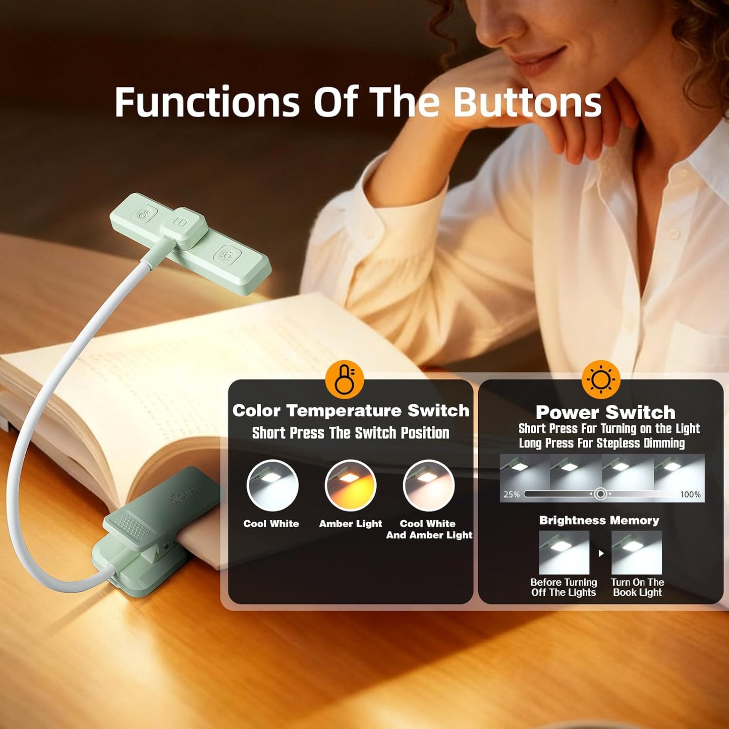 VAVOFO Rechargeable Book Light Rotatable：24 LEDs Reading Light, 3-Color & 9-Brightness Book Lamp, Eye Cared 120Hrs Runtime Lightweight Clip on Led Light for Book Lovers (Black)