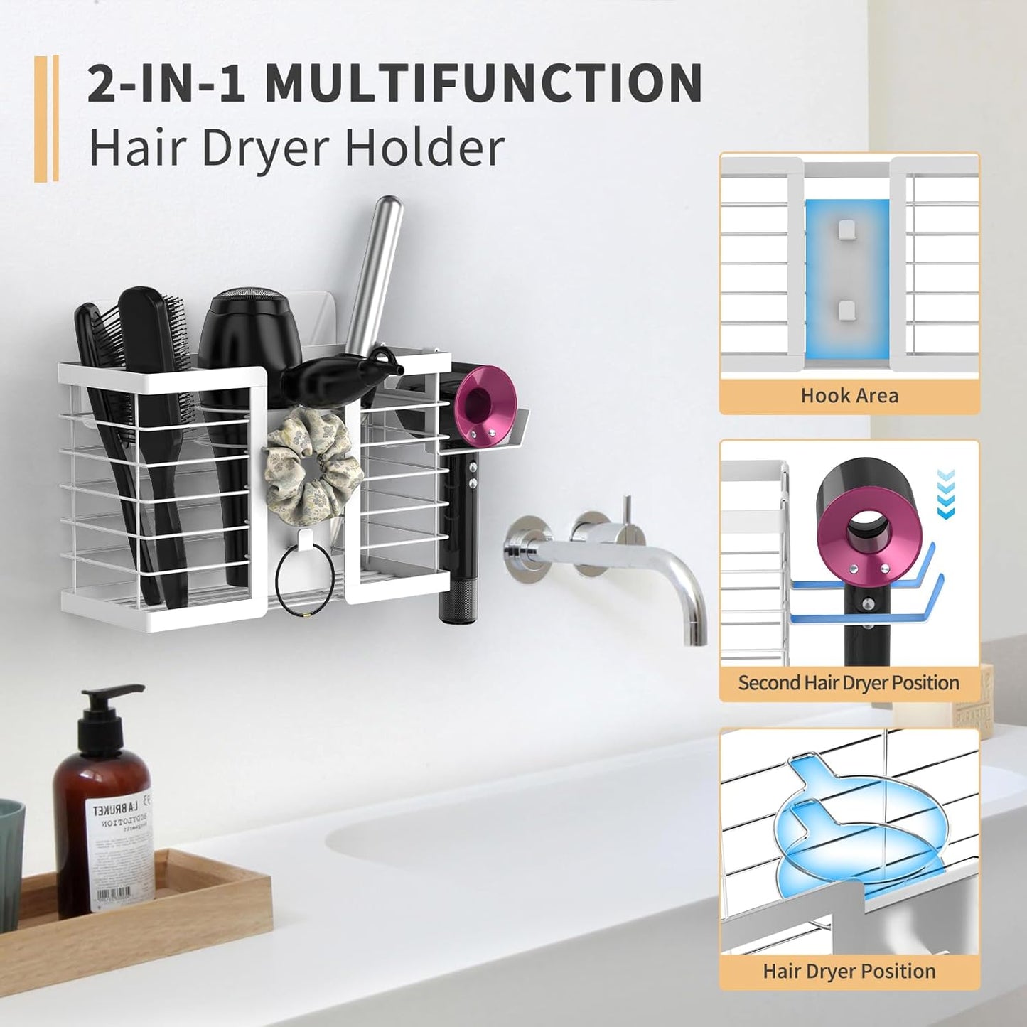 FUNKYLEE Hair Tool Organizer, 3 in 1 Metal Hair Dryer Holder Wall Mounted for Flat Iron, Curling Iron, Straightener, Styling Tools Bathroom Storage and Organizer (Black)