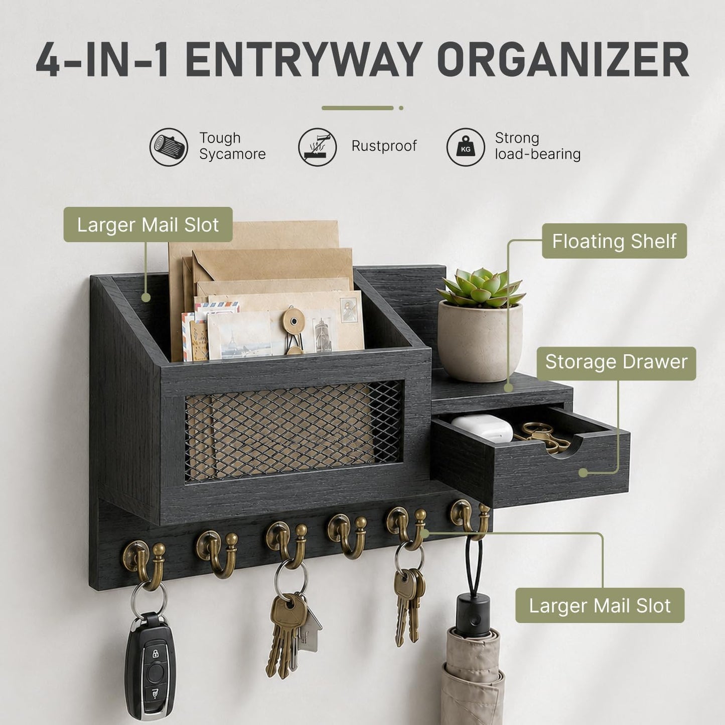 FifthQuarter Key and Mail Holder Wall Mount with Drawer and 6 Sturdy Hooks | Cute Rustic Farmhouse Wooden Key Hanger, Reliable Entryway Organizer for Keys and Daily Essential, Easy Installation, A-White