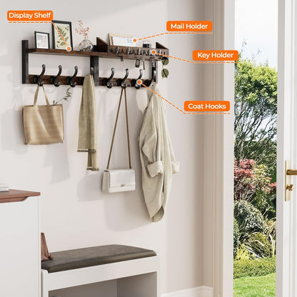 Evermagin 29" Coat Rack Wall Mount with Shelf for Entryway, Rustic Brown | Wall Mounted Coat and Key Rack with Hooks, Key Holder with Mail Organizer for Wall, Living Room, Mudroom, Bedroom