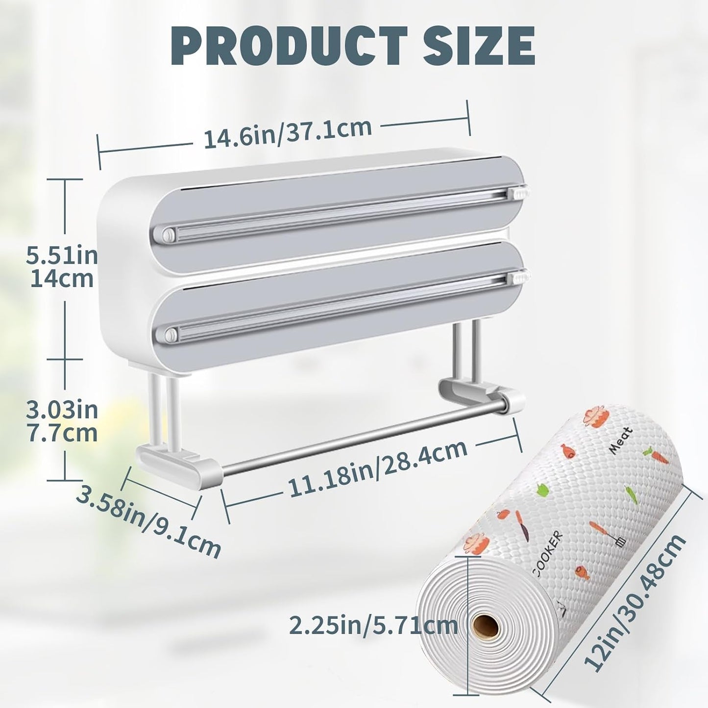 AUSTUFF 3 in 1 Plastic Wrap Dispenser with Cutter Magnetic Aluminum Foil | Wall Mount Kitchen Wrap Organizer, Cling Wrap Dispenser with Paper Towel Holder and Cutter