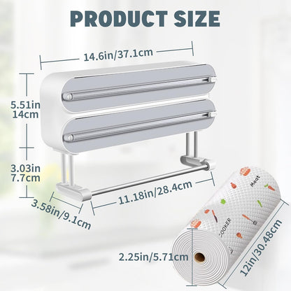 AUSTUFF 3 in 1 Plastic Wrap Dispenser with Cutter Magnetic Aluminum Foil | Wall Mount Kitchen Wrap Organizer, Cling Wrap Dispenser with Paper Towel Holder and Cutter