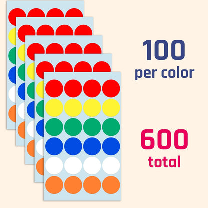 600 Pack, 1" Round Colored Dot Stickers Labels - 6 Colors