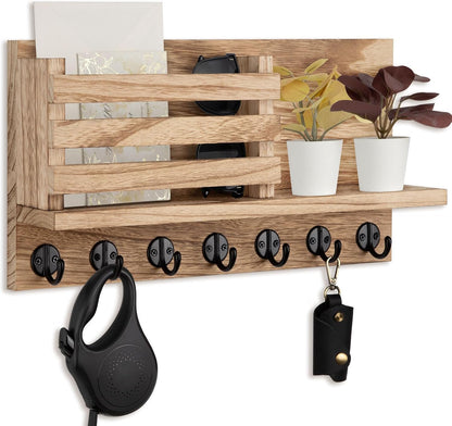 Lwenki Key Holder for Wall – Decorative Wooden Mail Holder and Key Shelf with Mounting Hardware, Installation Guide – Paulownia Wood with Metal Key Hooks (Black, Large - 11.8inch)