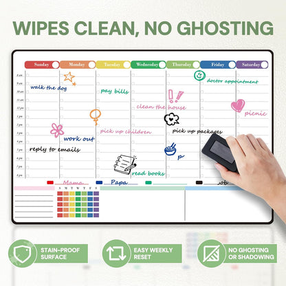 POPRUN Dry Erase Weekly Calendar Whiteboard, Magnetic Hourly Schedule Board | 16.9 x 11" Weekly Planner for Fridge, Time Slots, Family Daily Planning for Refrigerator, Homeschool, Work