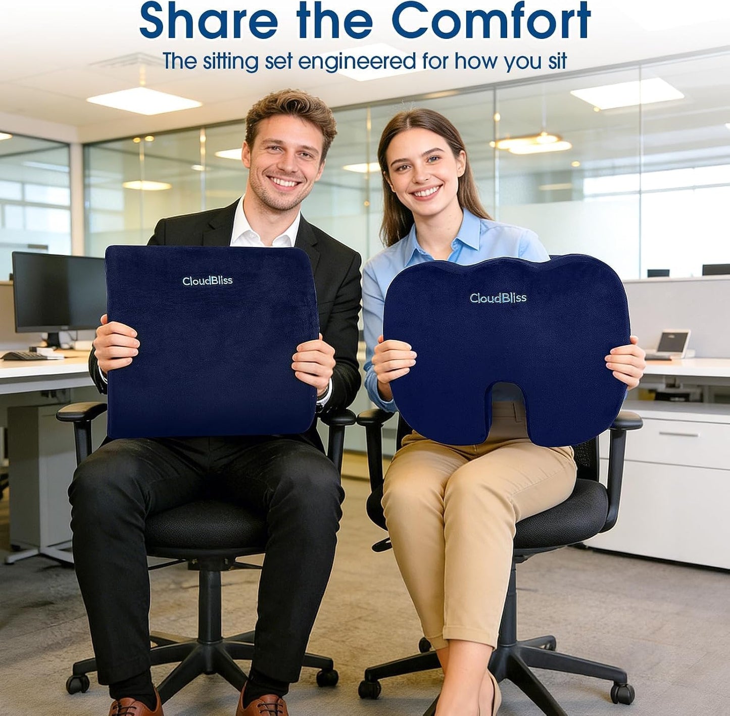 CloudBliss Lumbar Support Pillow & Seat Cushion Set for Office Chair, Desk Chair, Wheelchair & Car – Memory Foam Back Support, Ergonomic Chair Cushions, Sciatica Pain Relief, Home Essentials, Black