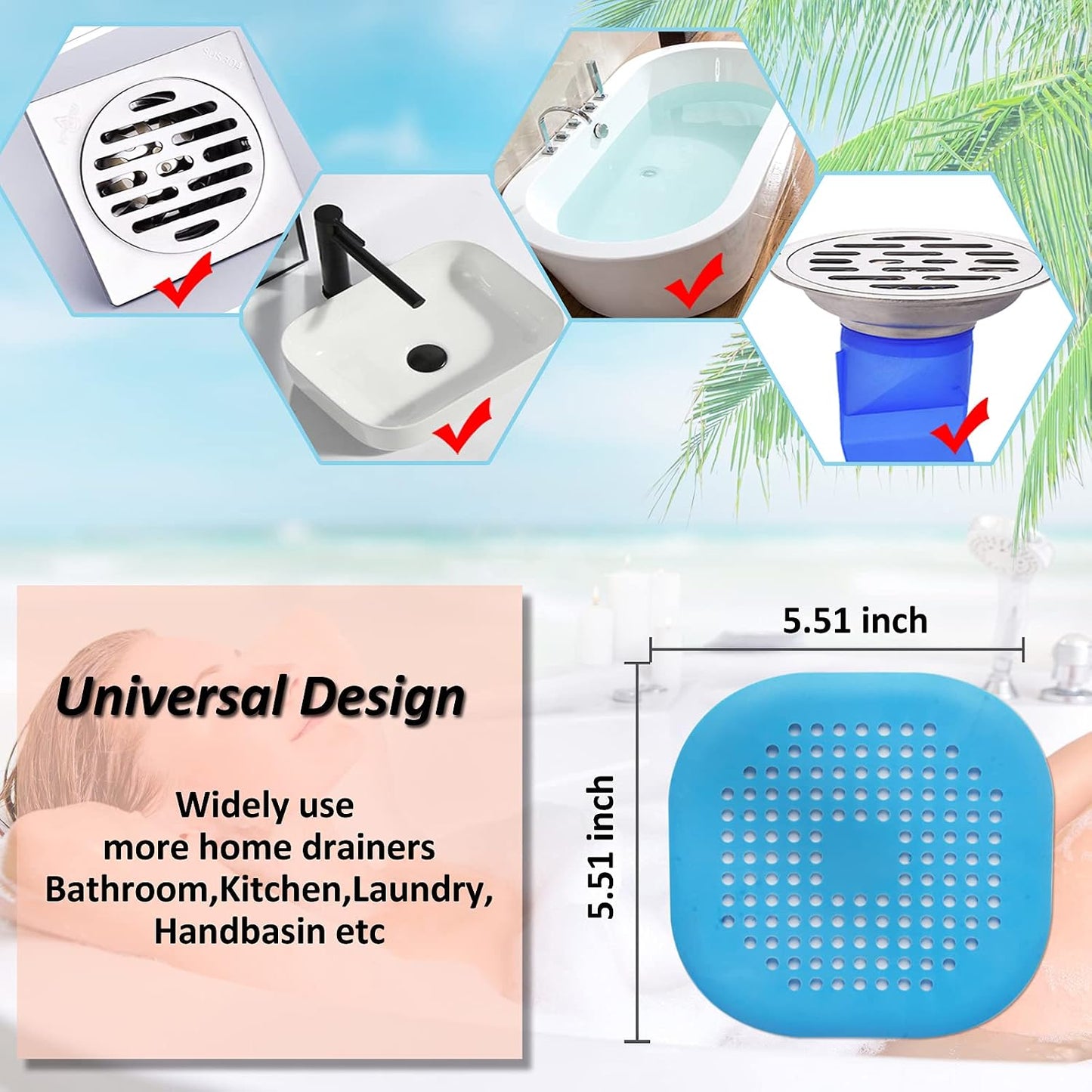 Bovinde Hair Drain Catcher,Square Cover for Shower 2 Pack (Black) | Drainer Cover Silicone Hair Stopper with Suction Cups,Protector Accessories,Easy to Install Suit for Bathroom,Bathtub,Sink