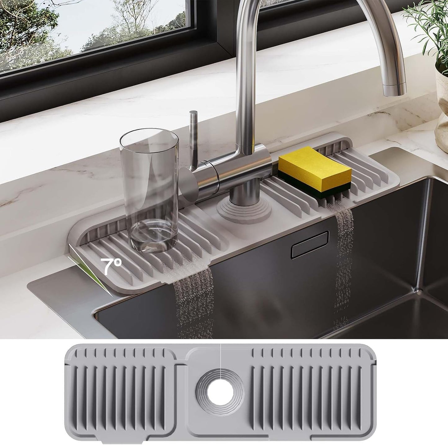 24 Inch Silicone Faucet Mat for Kitchen Sink Splash Guard – Upgraded Draining Mat with Water Tray Behind Faucet – Countertop Protectors to Catch Spills (Black, 24" x 5.5" )