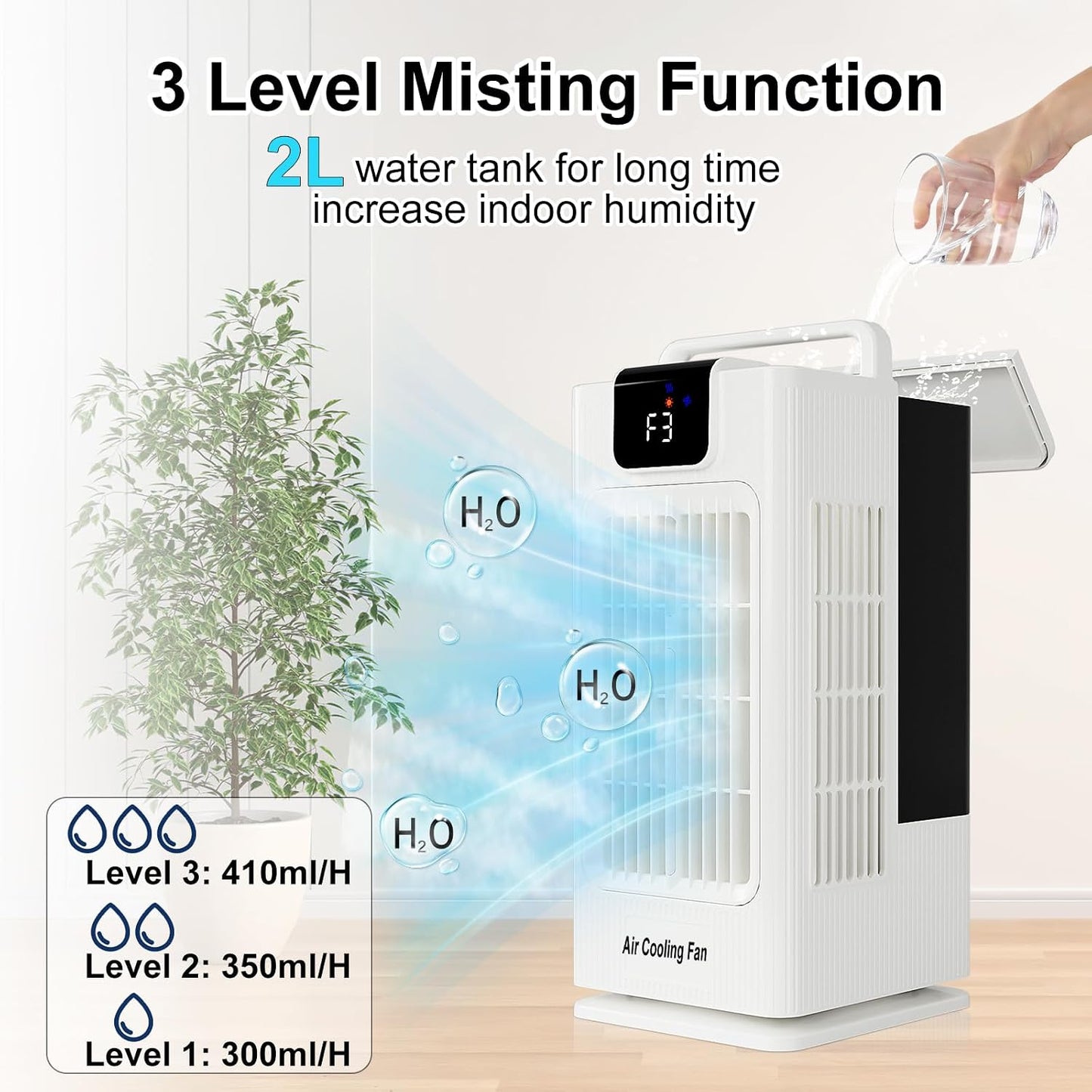 Sugoiti Portable Fan, 4 Speeds, 8H Timer, 3 Mists, 2L Tank, 7 Color Night Lights, Remote, 120° Oscillation, Ideal for Home, Bedroom or Office